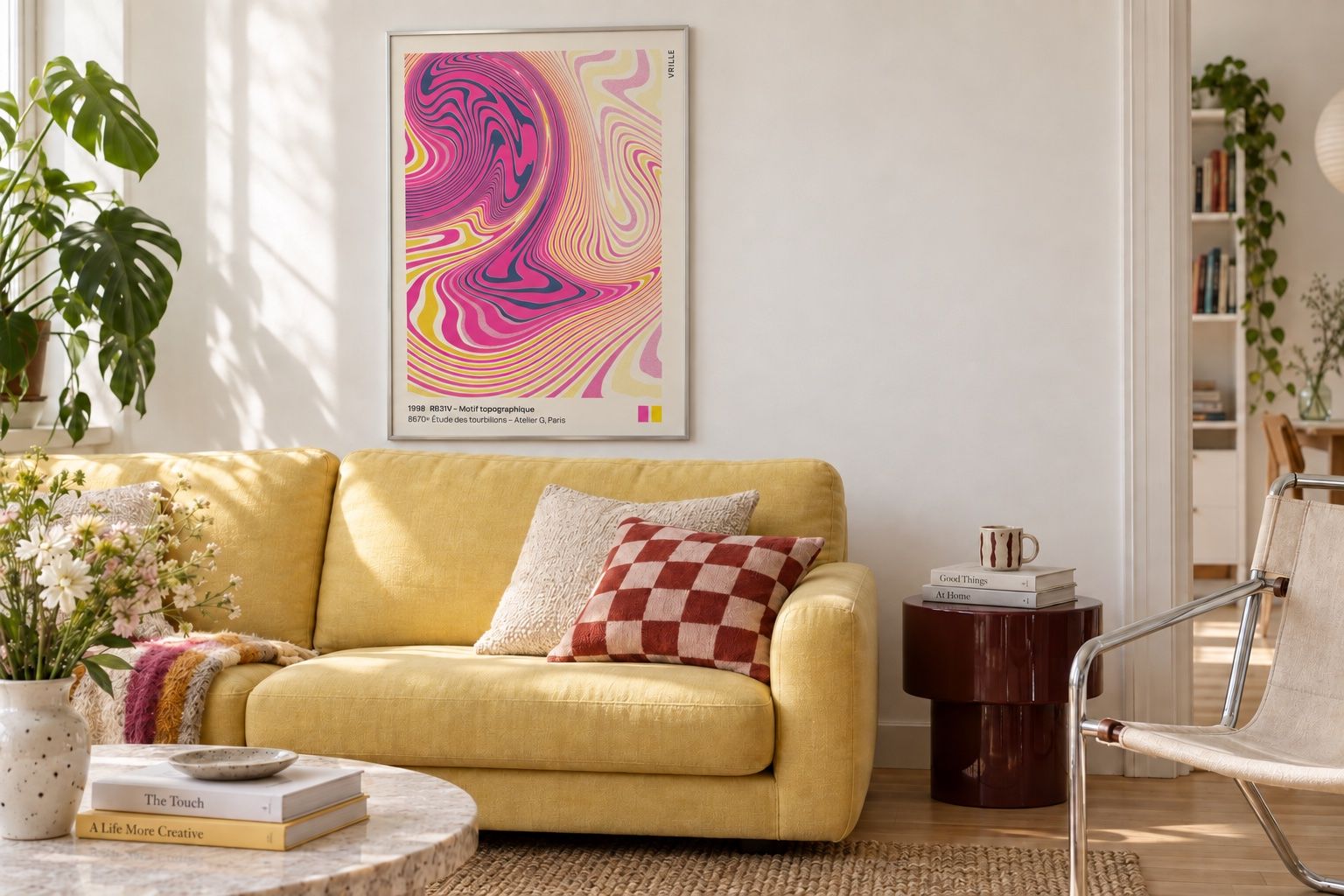 Pink and yellow Vrille poster above a butter-yellow sofa
