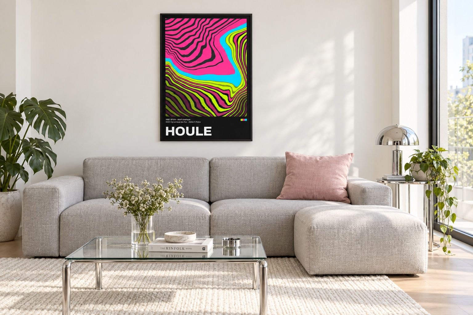 Poster Houle rose fluo et vert citron au-dessus d’un canapé d’angle gris