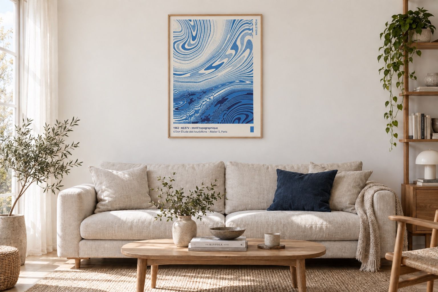 Blaues Maelström-Poster über einem haferfarbenen Leinensofa neben einem Eichenregal