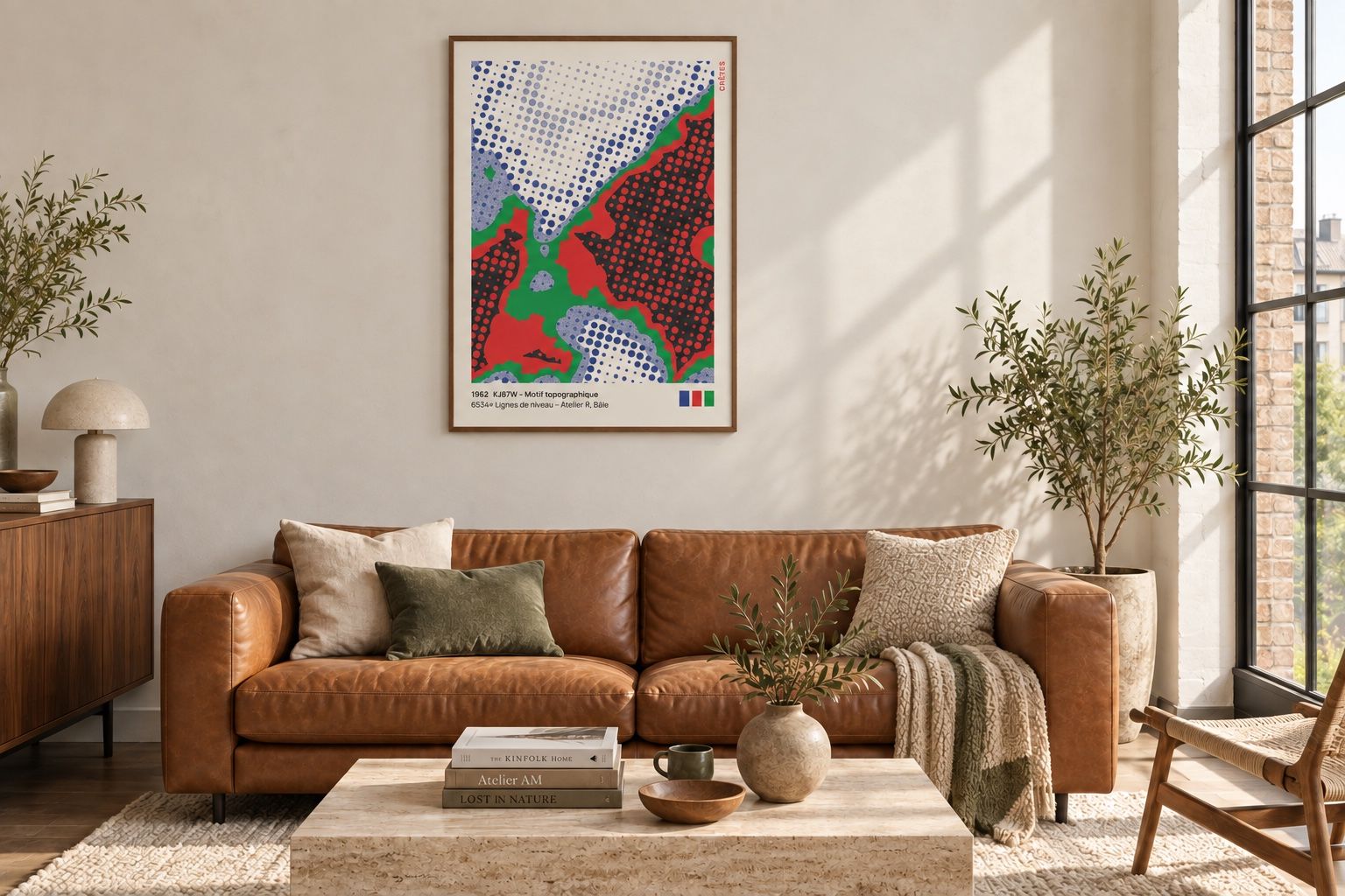 Großes rot-grün-blaues Crêtes-Poster über einem cognacfarbenen Ledersofa in einem sonnigen Loft