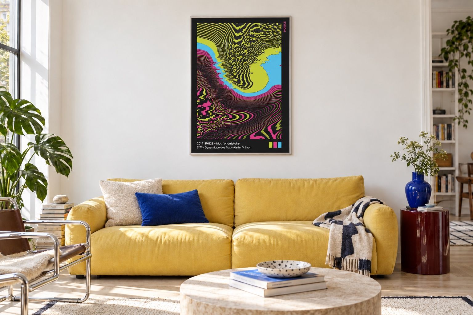 Schwarz-pink-limettengrünes Houle-Poster über einem buttergelben Sofa in einer bunten Wohnung