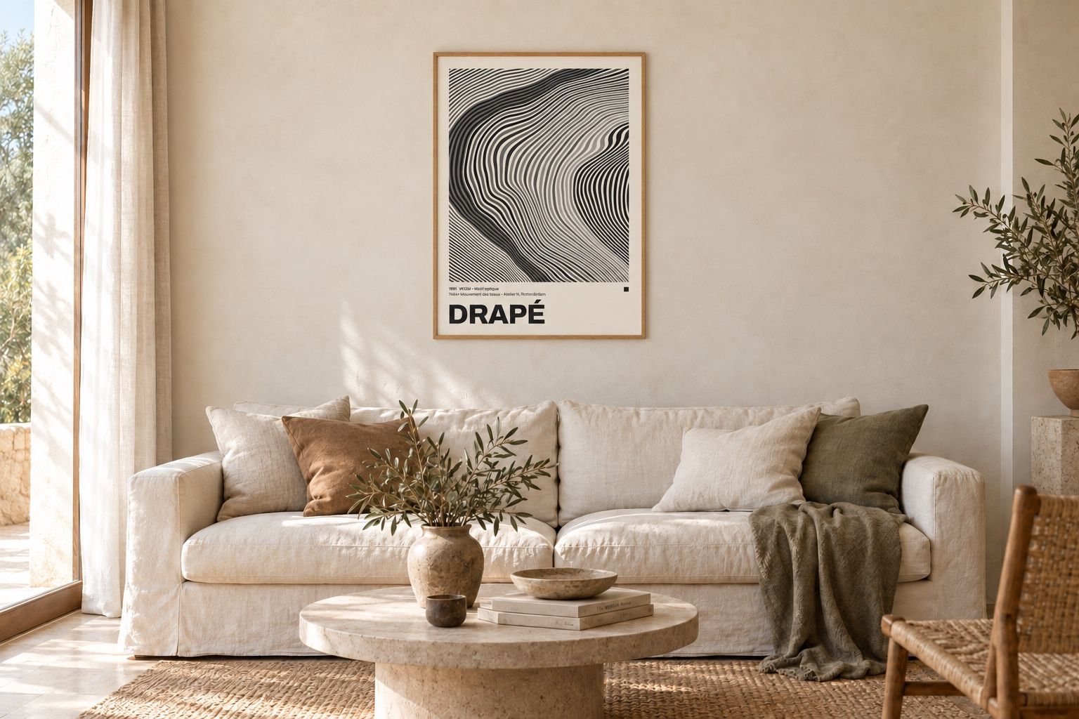 Póster Drapé negro y crema sobre un sofá de lino blanco contra una pared encalada