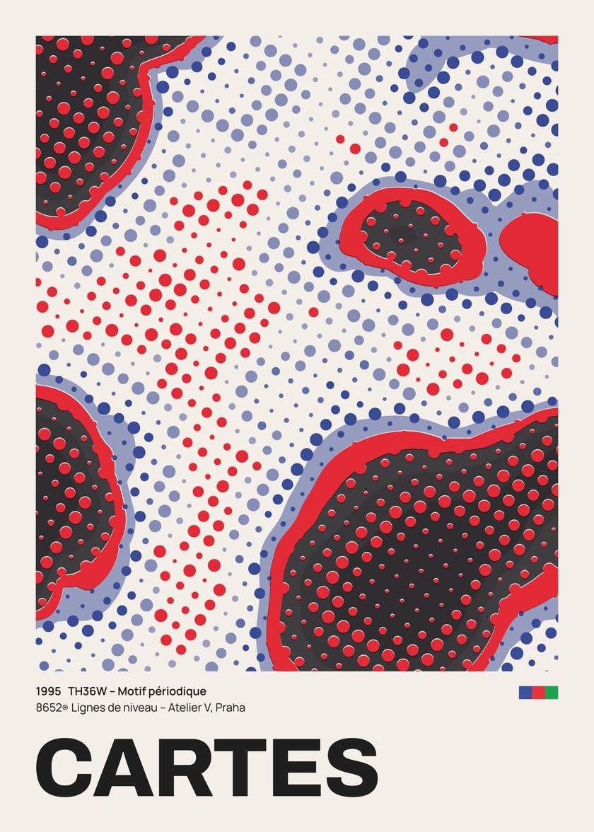 Cartes: abstraktes Poster mit Höhenlinien in Rot, Blau und Grün