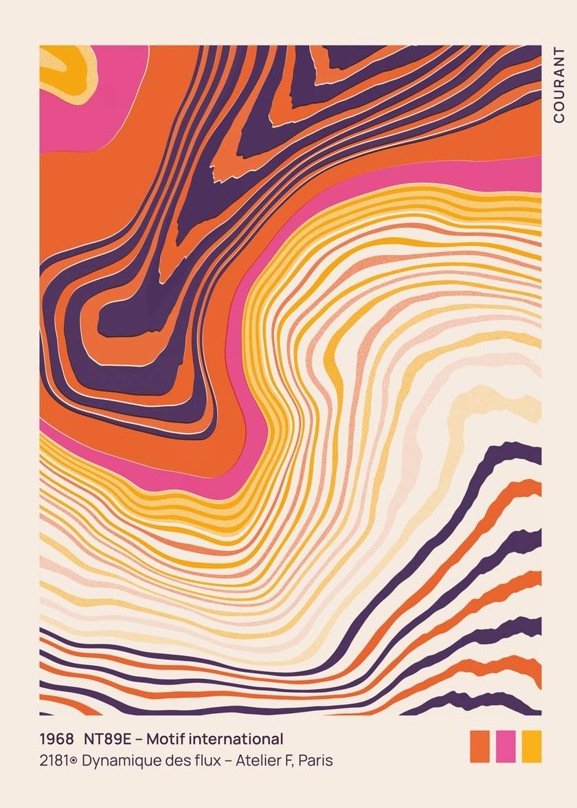 Courant: abstract poster with flowing waves in warm orange, pink and purple
