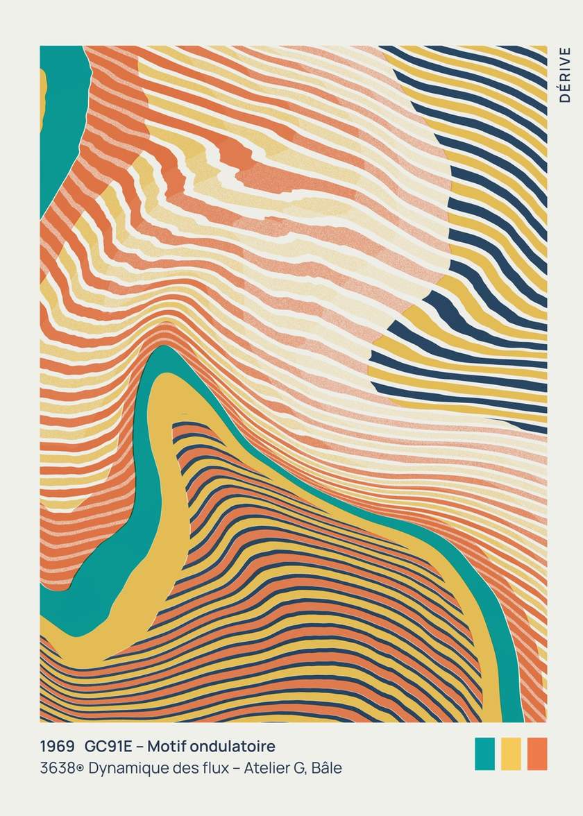 Dérive: abstract poster with flowing waves in teal, coral and navy