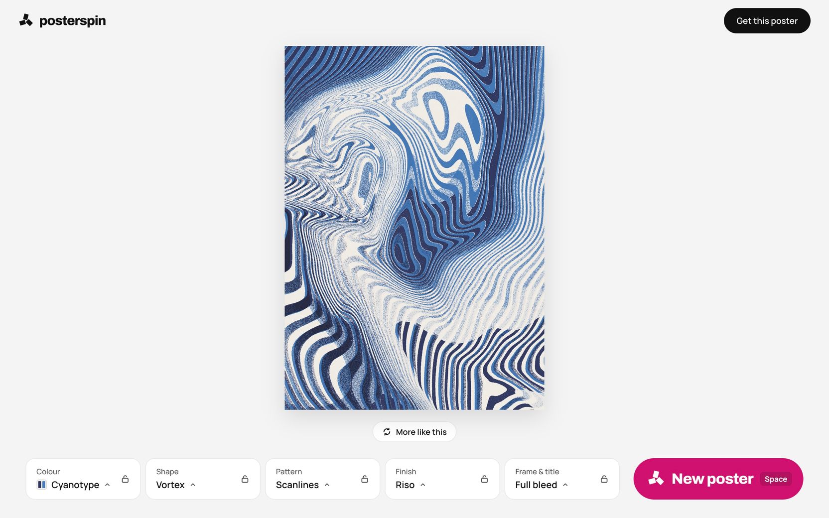 Das posterspin-Studio: ein blaues Wirbel-Poster über den Walzen für Farbe, Form, Muster, Finish und Rahmen, daneben ein pinkfarbener Button für ein neues Poster
